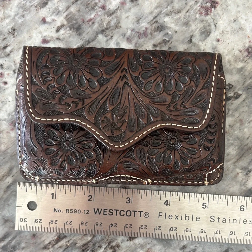Hand-Tooled Floral Leather belt cell/beeper holder - Dark Brown